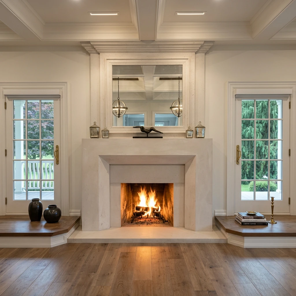 White cast stone fireplace mantel with a stepped modern surround and shelf