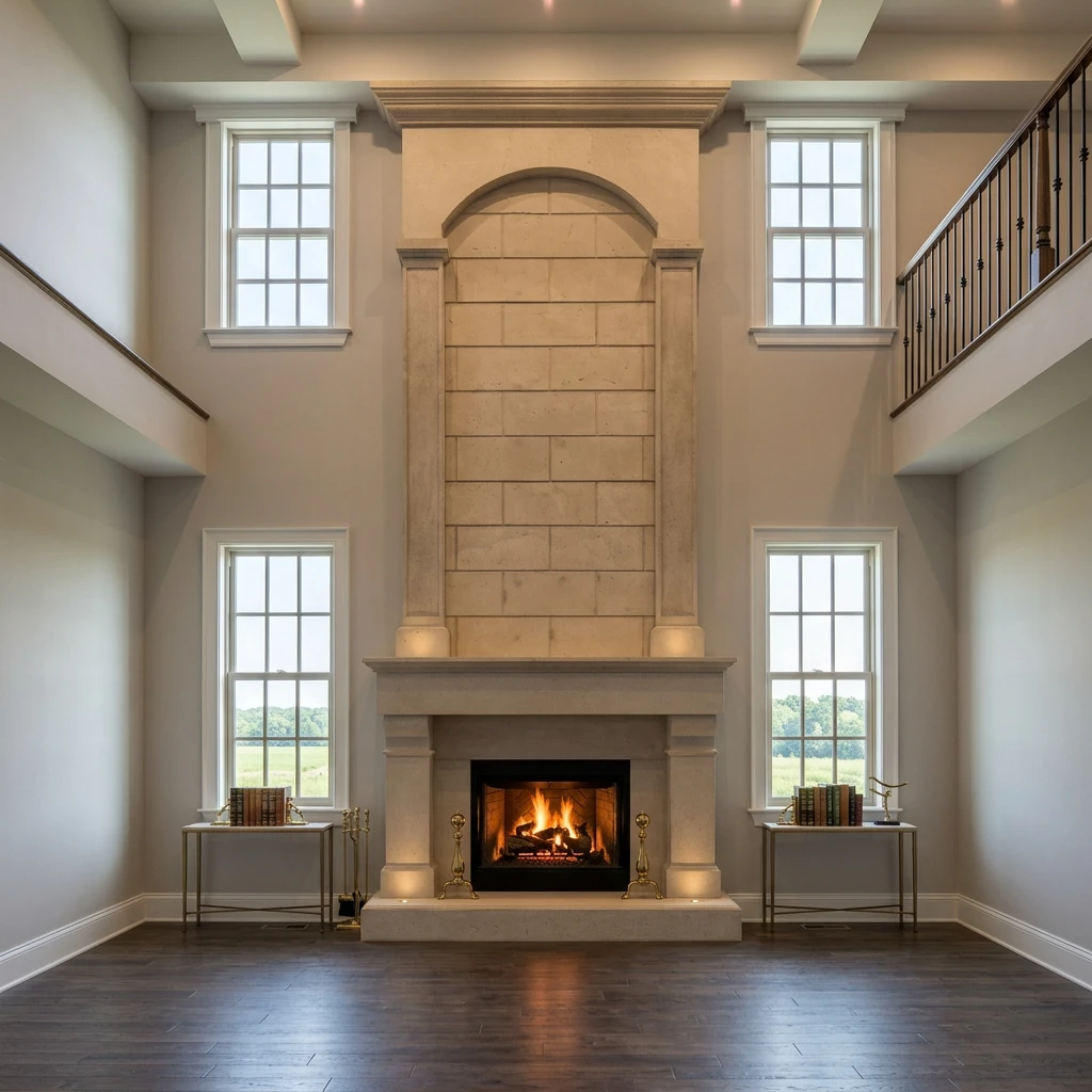Cream cast stone floor-to-ceiling fireplace with a grand arched overmantel