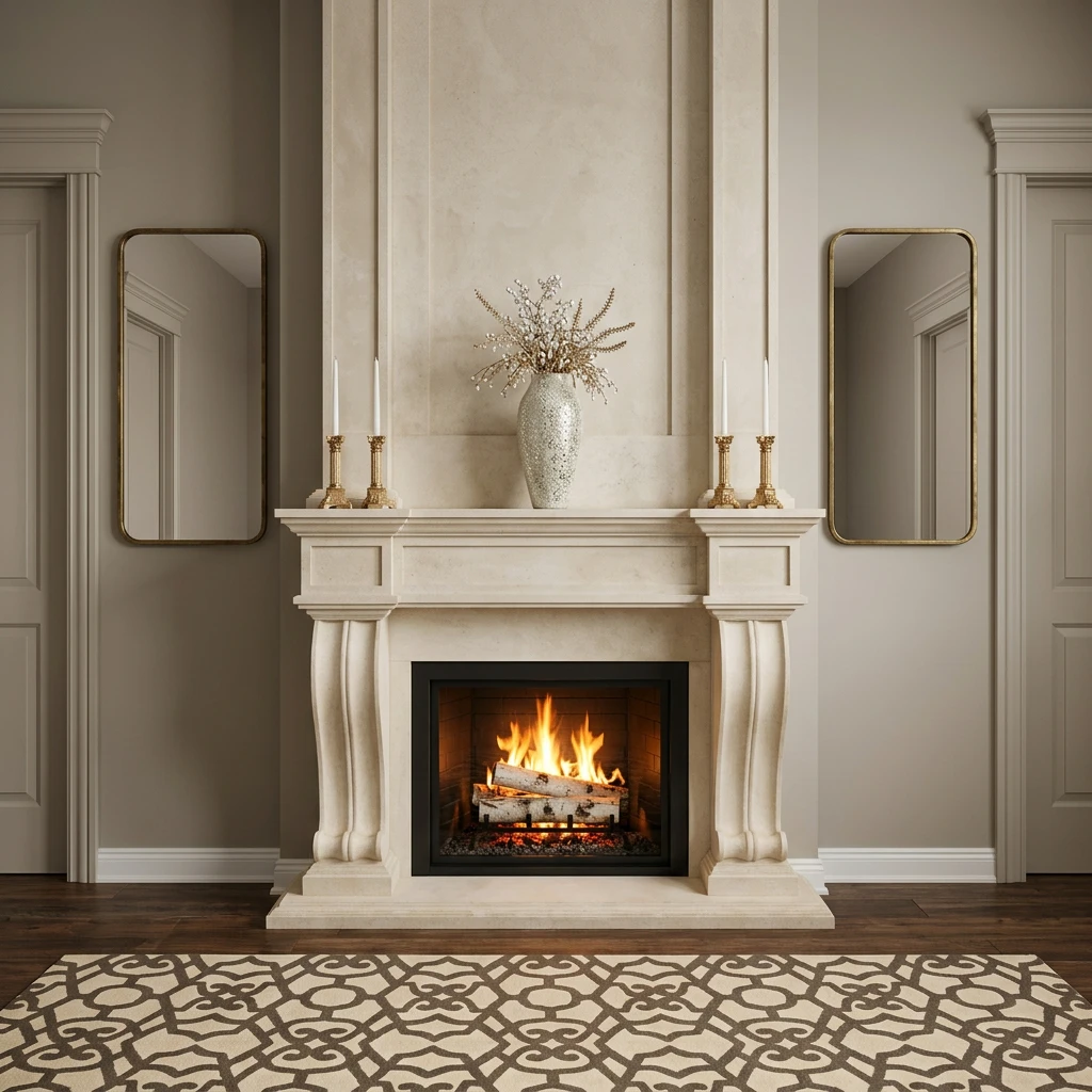 Cream cast stone traditional fireplace mantel with a molded surround and shelf
