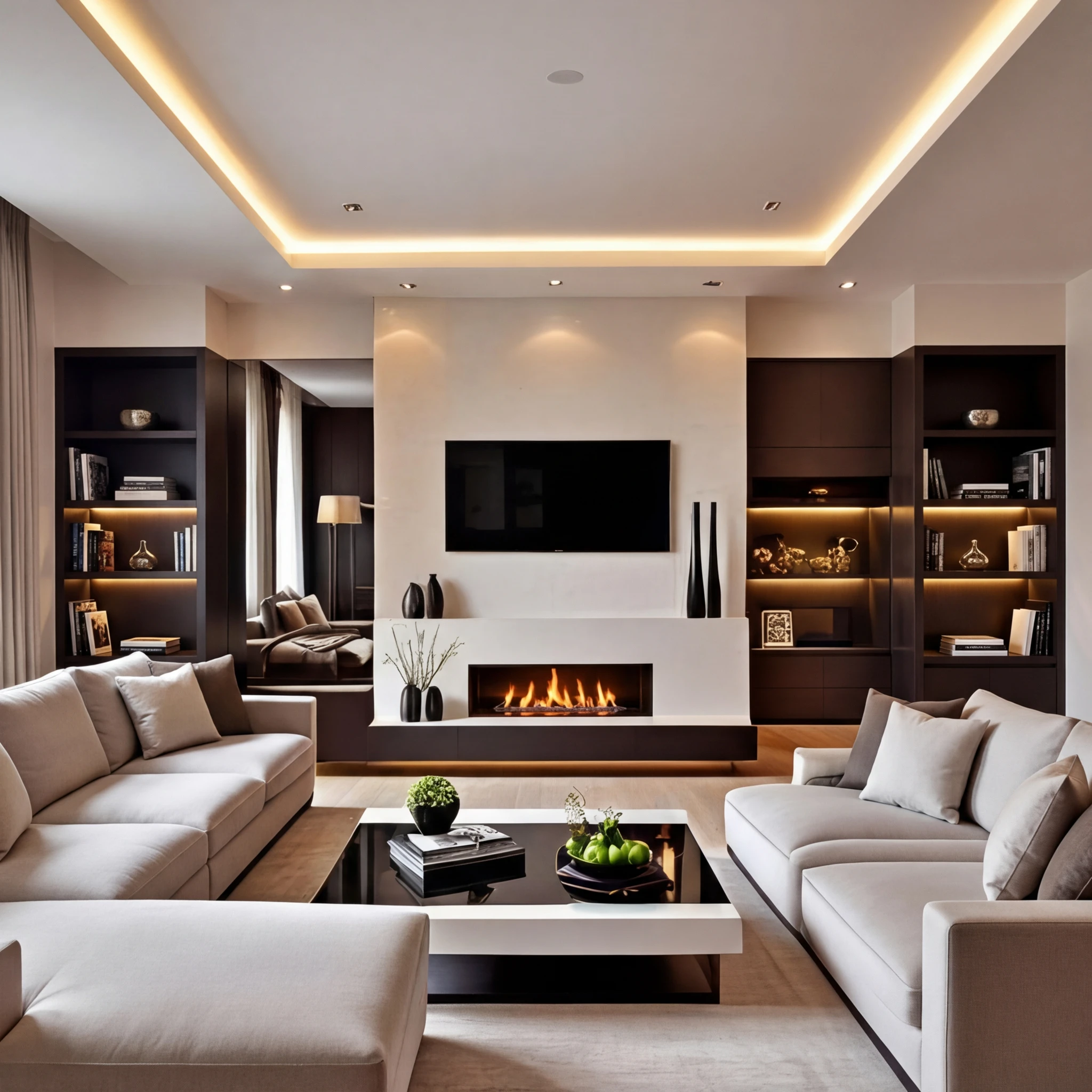 Greige cast stone modern fireplace with a minimal surround and long linear firebox