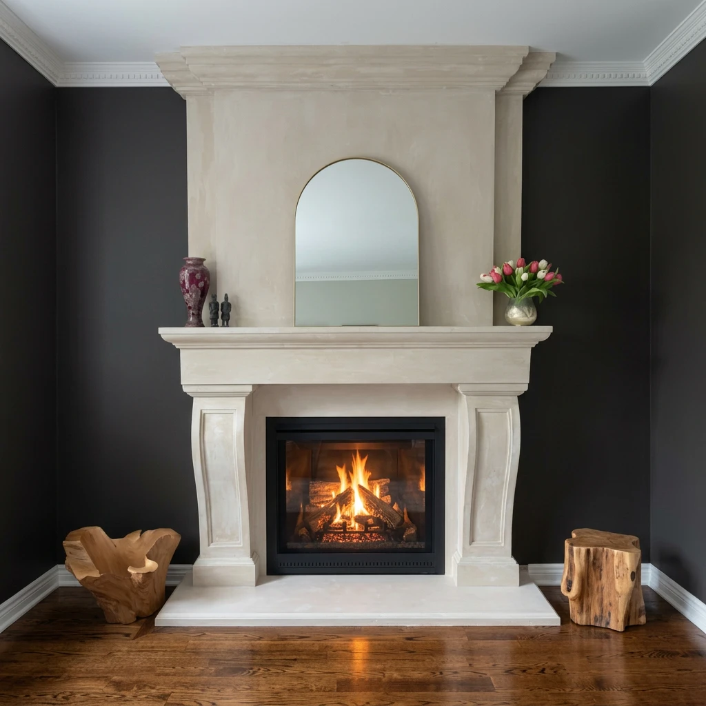 Cream cast stone traditional fireplace mantel with scrolled corbel legs and a molded shelf