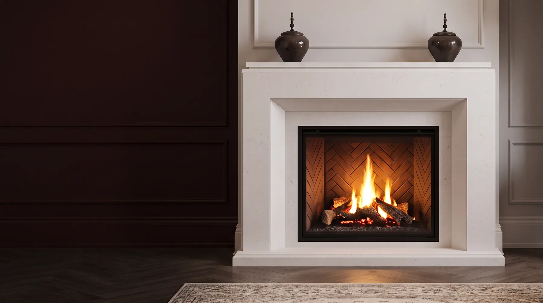 Cast stone fireplace mantel with a stepped surround and lit firebox against a dark panelled wall
