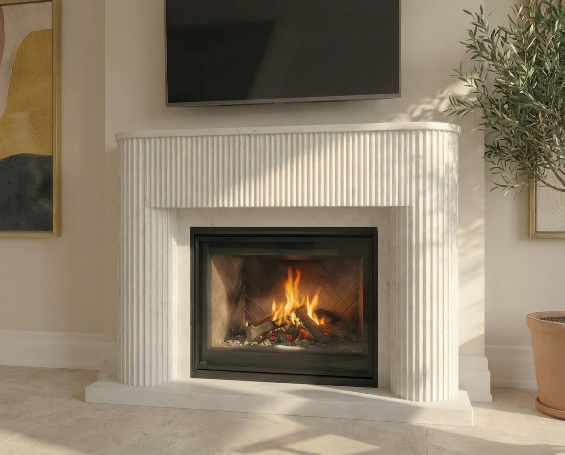 White fluted cast stone modern fireplace with a ribbed surround