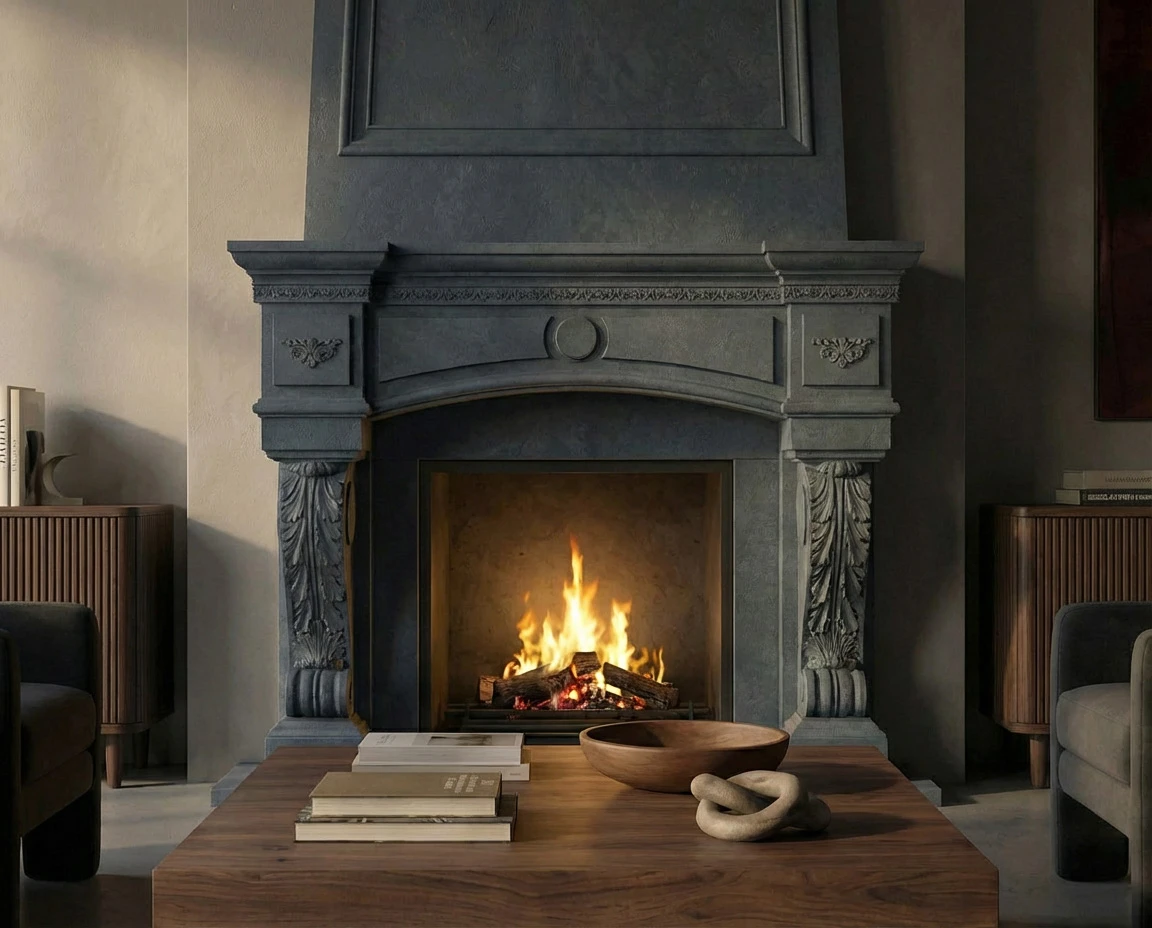 Charcoal cast stone traditional fireplace mantel with carved acanthus corbels