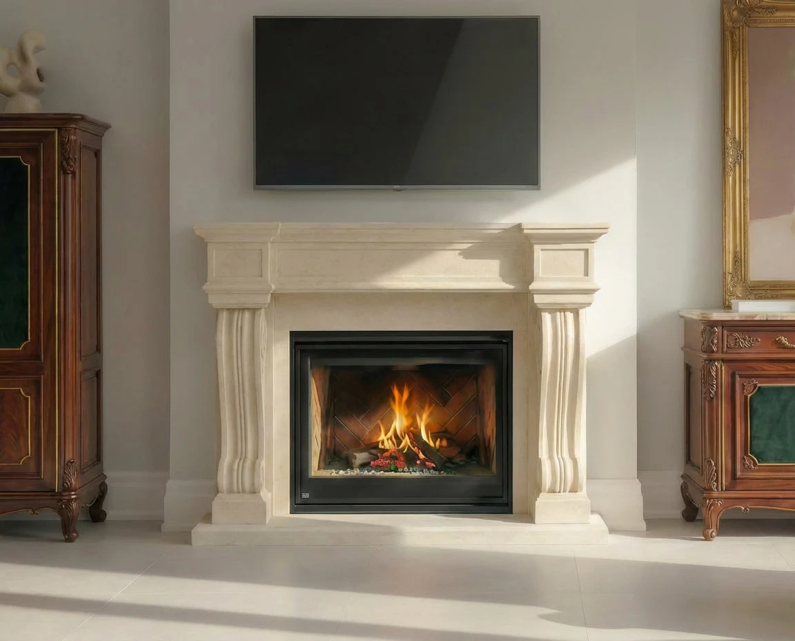 White cast stone traditional fireplace mantel with a corbelled molded surround