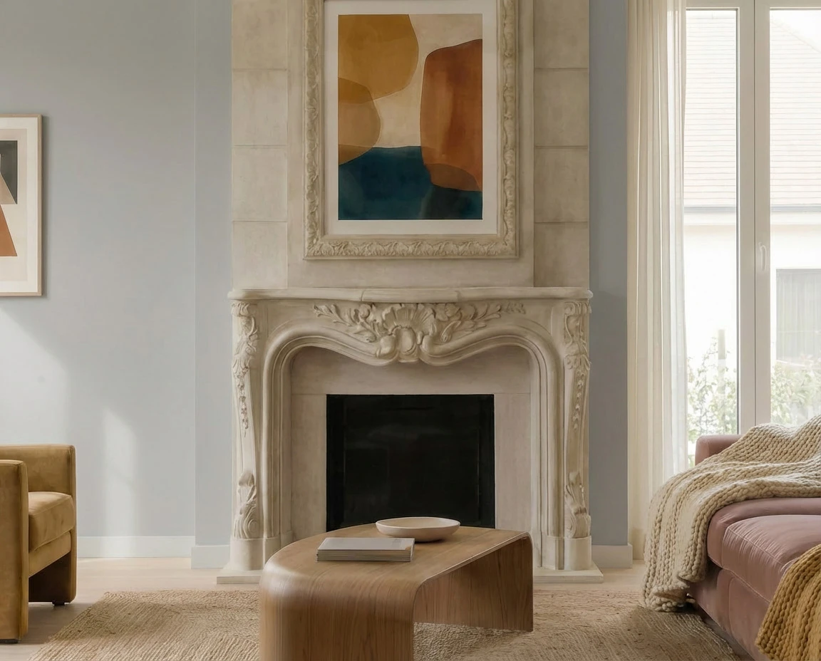 White cast stone French-style fireplace mantel with carved scrollwork and an arched opening