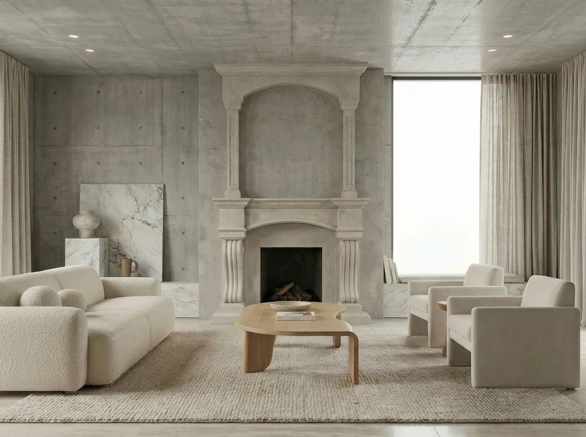Light grey cast stone fireplace with a tall stepped overmantel and arched firebox