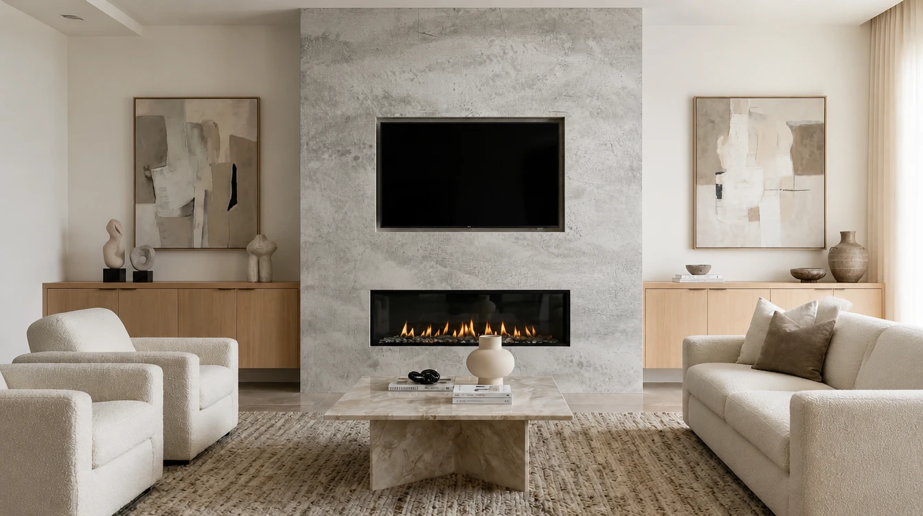 Model M-058 — modern light grey marble fireplace with a full-height slab surround and long linear firebox