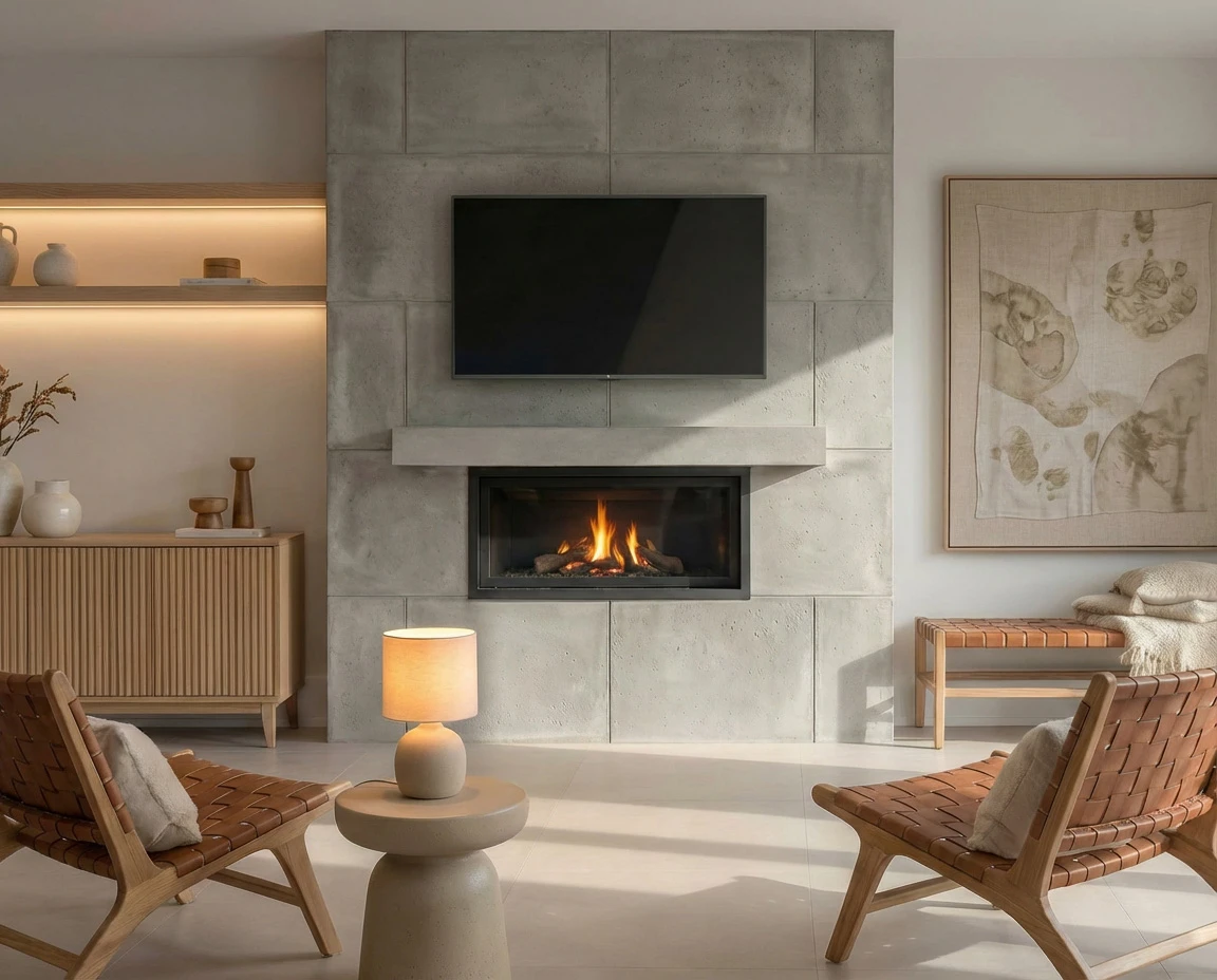 Light grey cast stone modern fireplace with a panelled surround and linear firebox
