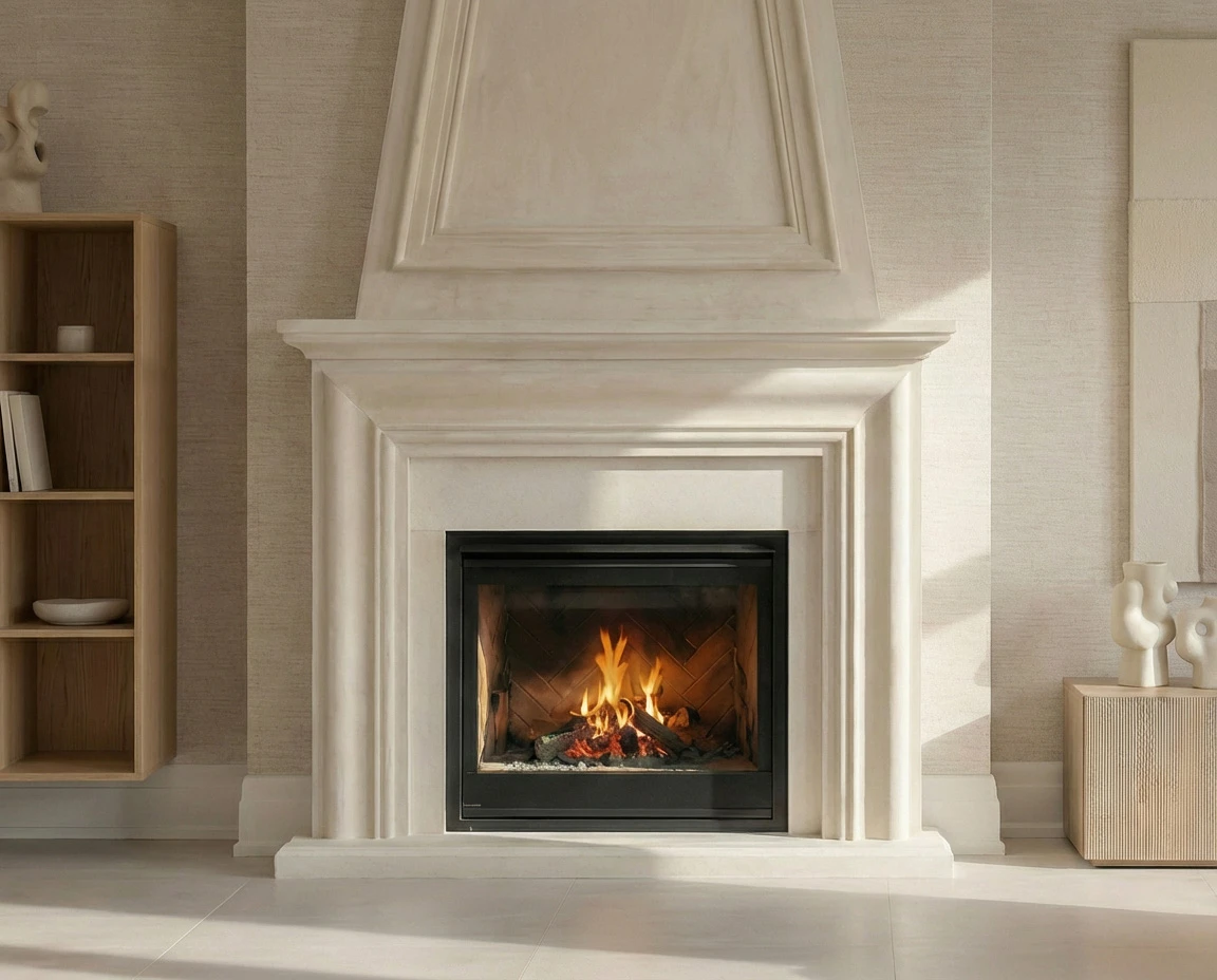 Cream cast stone fireplace mantel with a corbelled molded surround